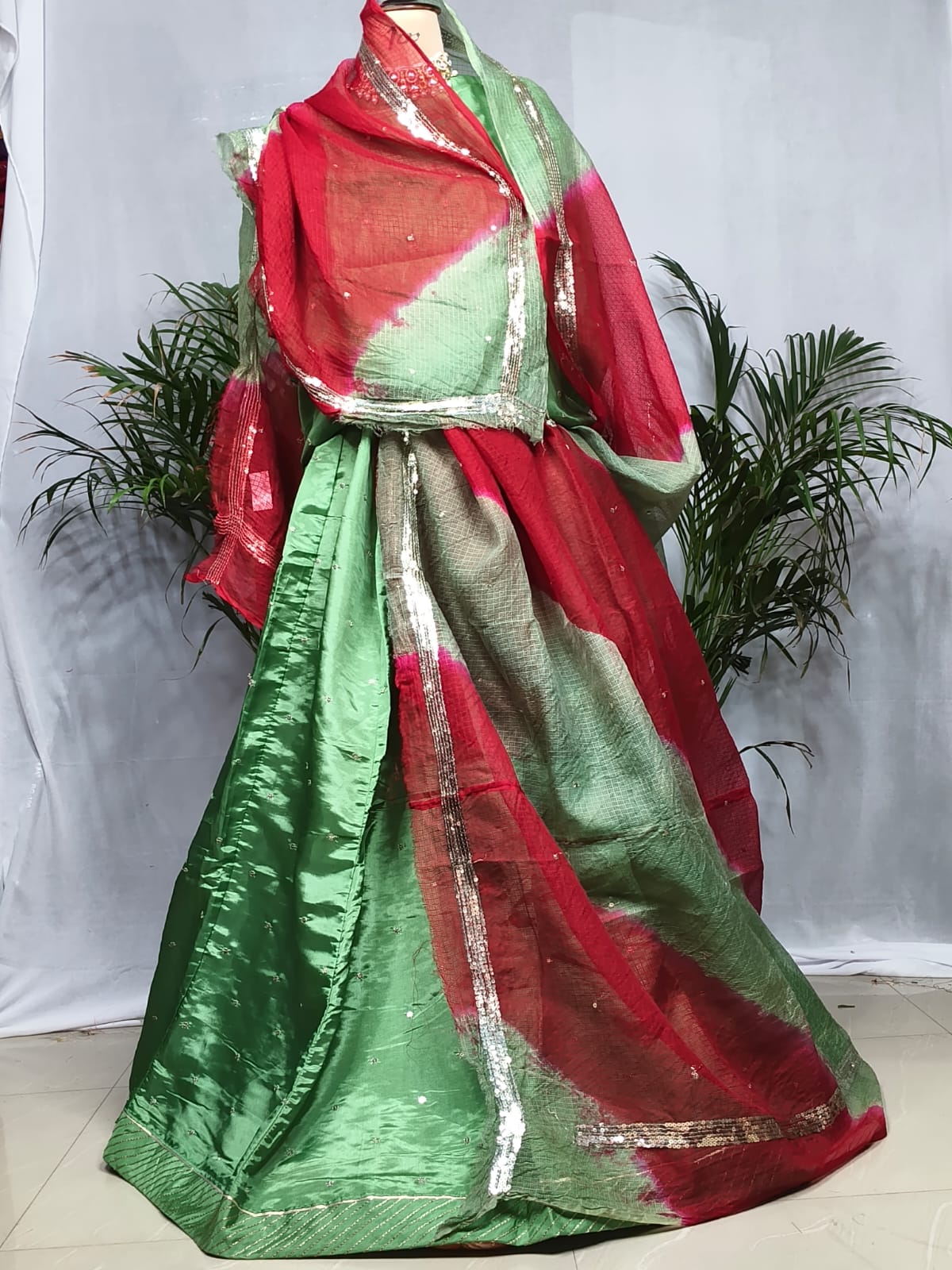 Rajputi Poshak - Tissue Pure With Doria Odhni - Mint Green With Double Colour Doria Odhni
