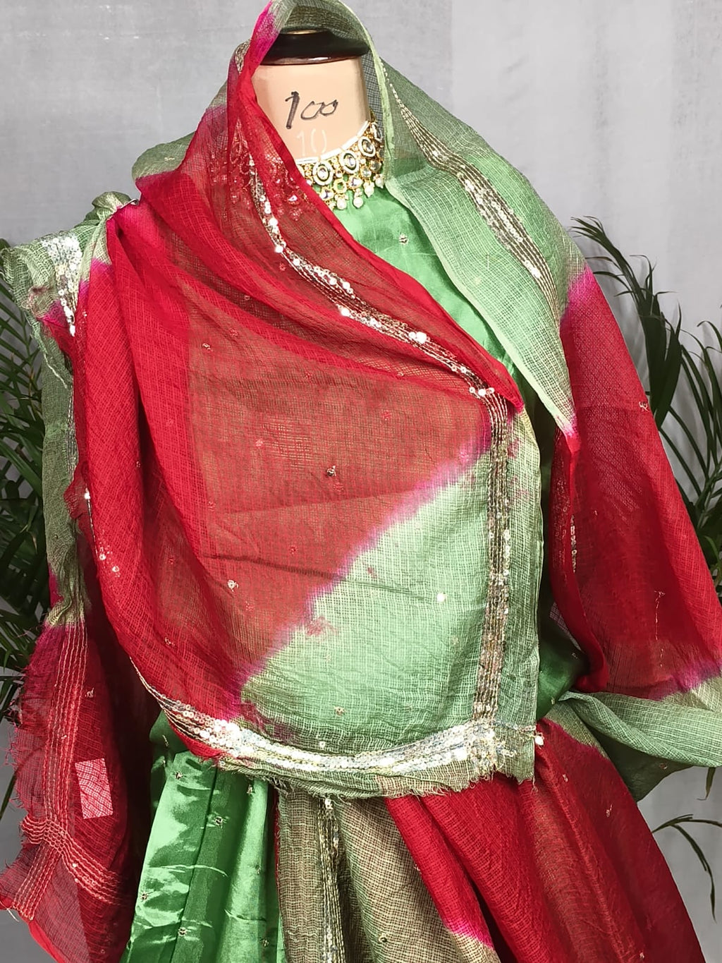 Rajputi Poshak - Tissue Pure With Doria Odhni - Mint Green With Double Colour Doria Odhni