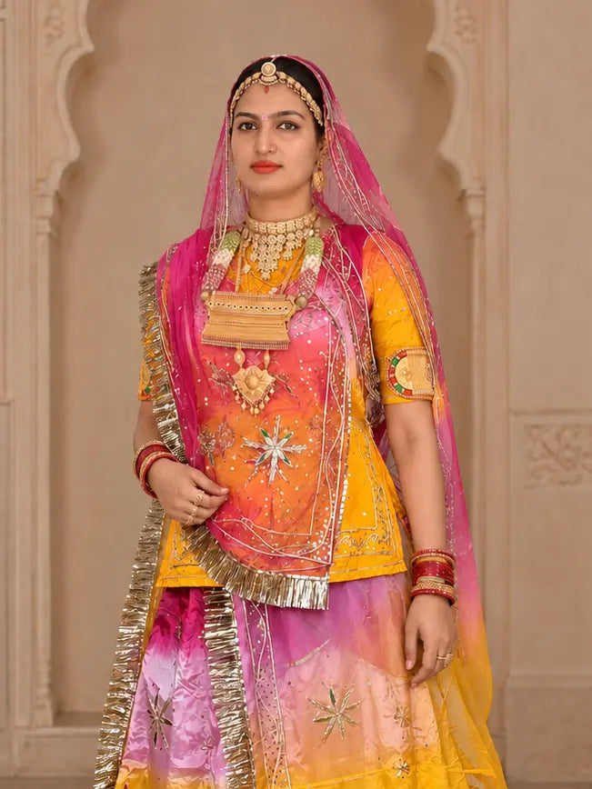 Front view of the mustard-orange crepe kurti with pink shading, a zardozi star at the centre and sequin dots, under a rani pink odhni with a golden frilled border