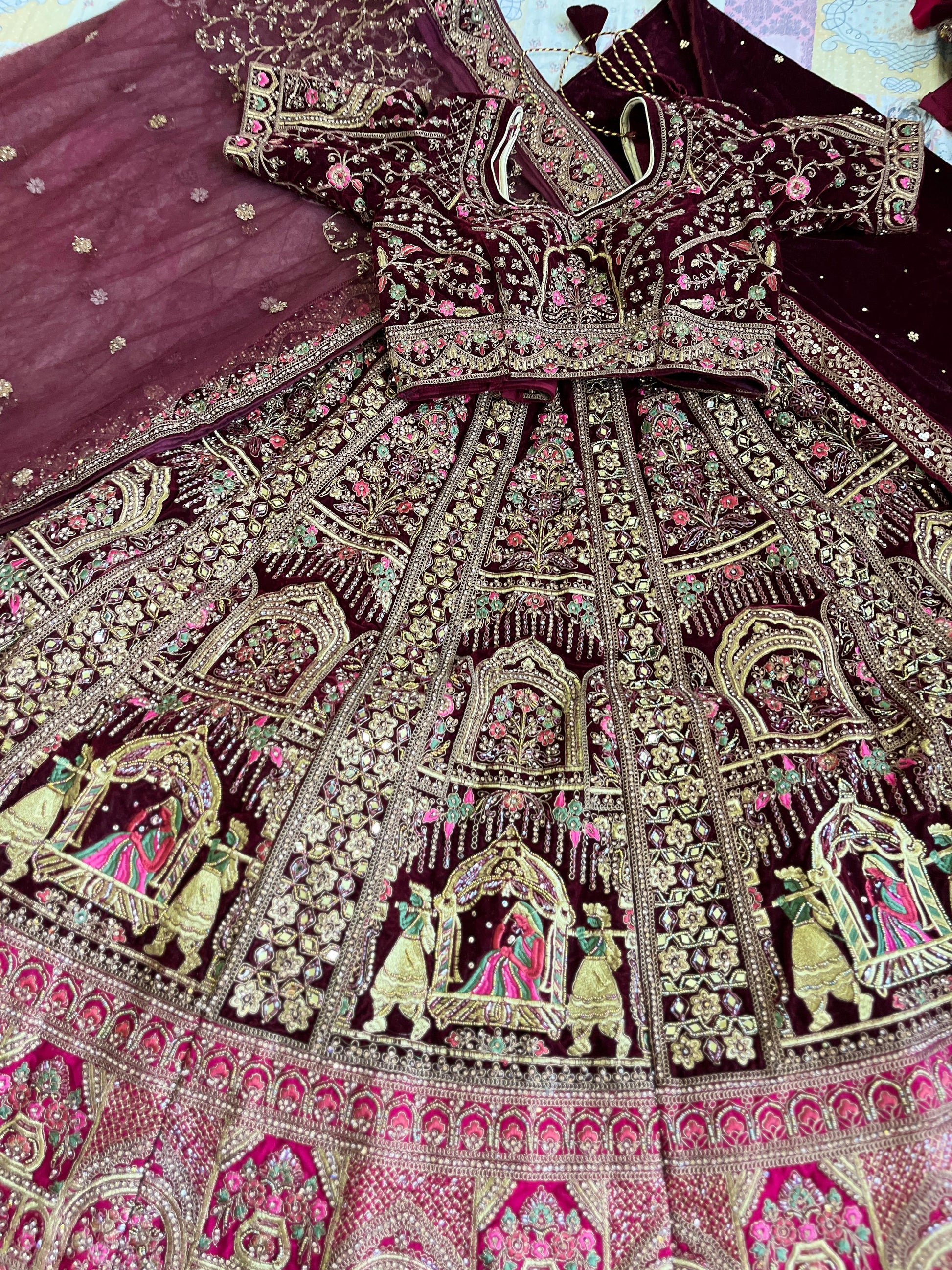 Maroon Velvet Bridal Lehenga – Barat Dholi Design | Zari + Zircon Work | ₹17,000