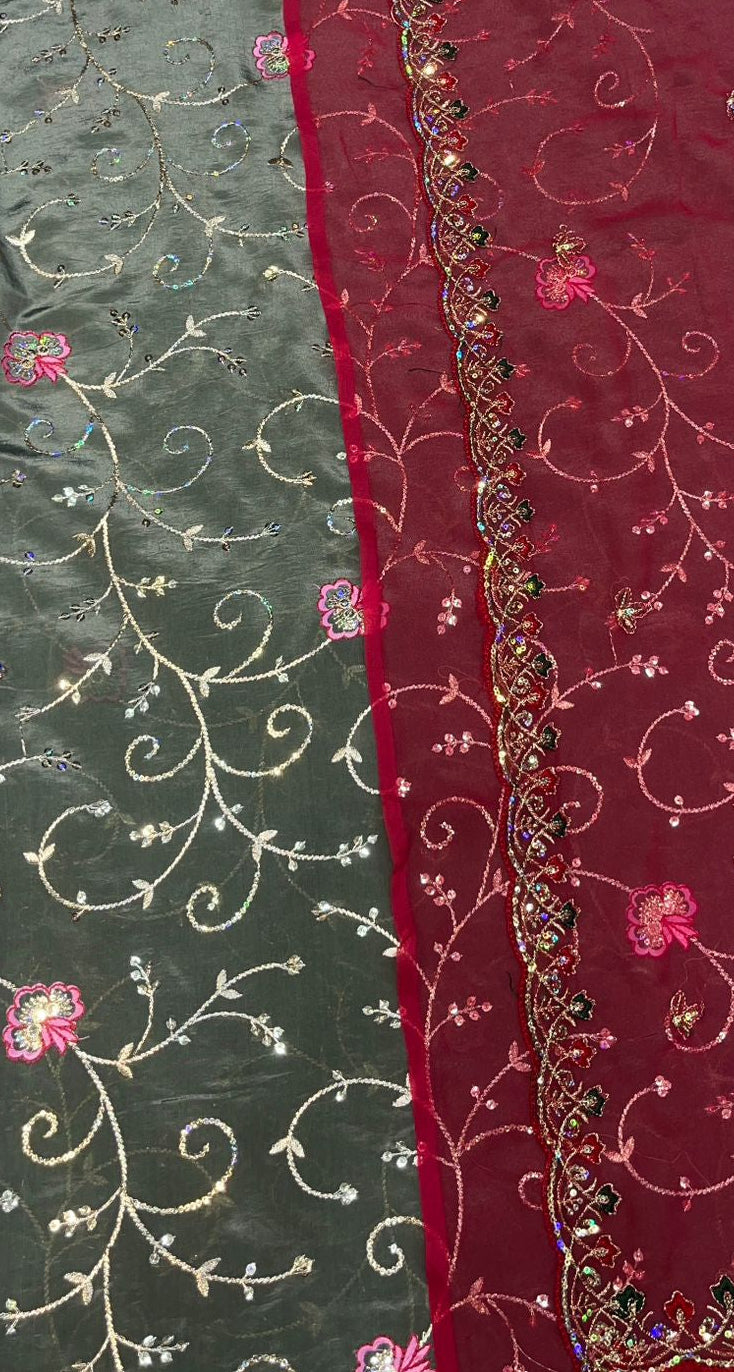 Two fabric samples with floral embroidery on a plain background