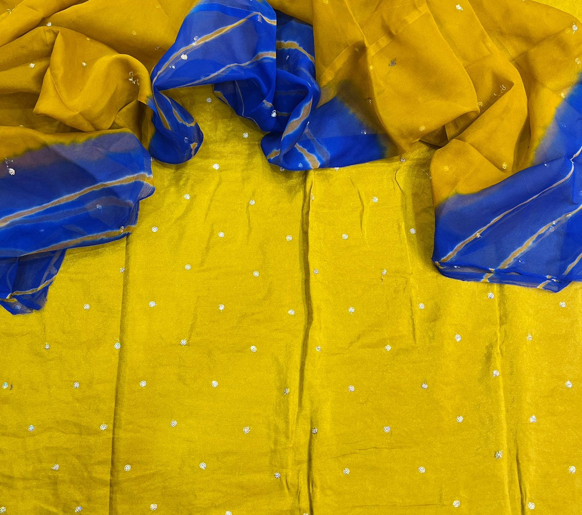 Rajputi Dress - Jaam Cotton Mukesh Taari Work Suit with Humrahi Odhni – Yellow & Royal Blue Traditional Dress Material