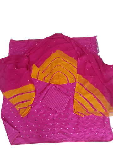 Rajputi Dress - Jaam Cotton Mukesh Taari Work Suit with Humrahi Odhni – Rani Pink & Mustard Yellow Traditional Dress Material