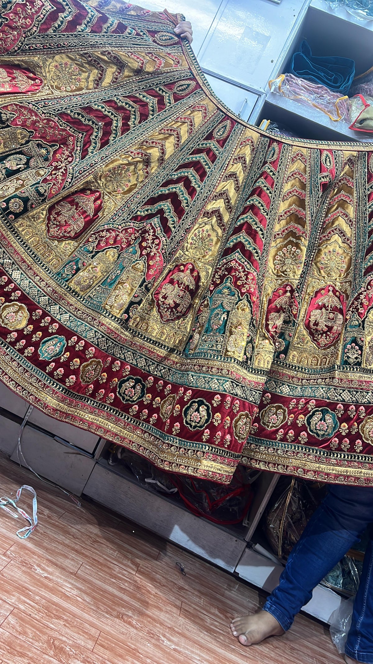 Chiku Velvet Bridal Lehenga – Elephant Design | Zari + Stone Work