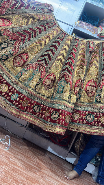 Chiku Velvet Bridal Lehenga – Elephant Design | Zari + Stone Work