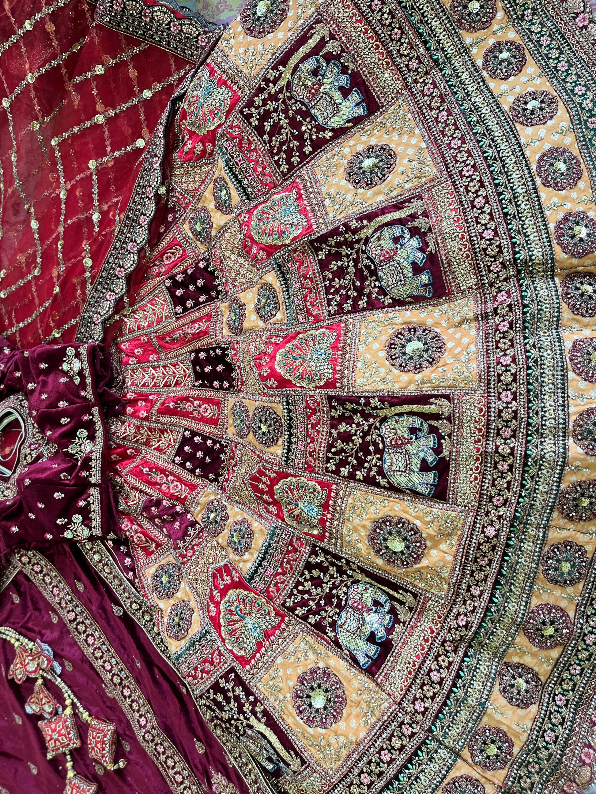 Maroon Bridal Lehenga – Velvet | Elephant & Peacock Design | Zari + Stone Work | ₹19,000