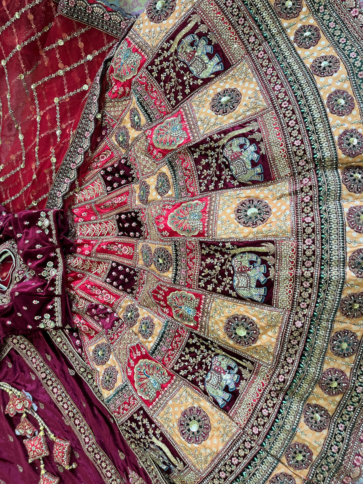 Maroon Bridal Lehenga – Velvet | Elephant & Peacock Design | Zari + Stone Work