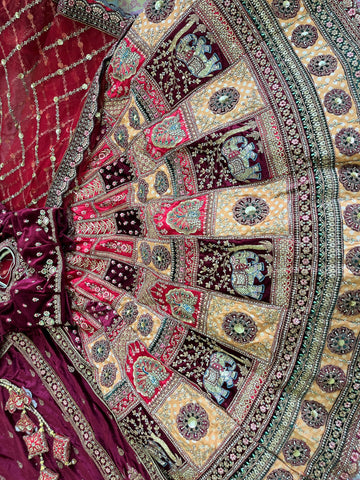 Maroon Bridal Lehenga – Velvet | Elephant & Peacock Design | Zari + Stone Work