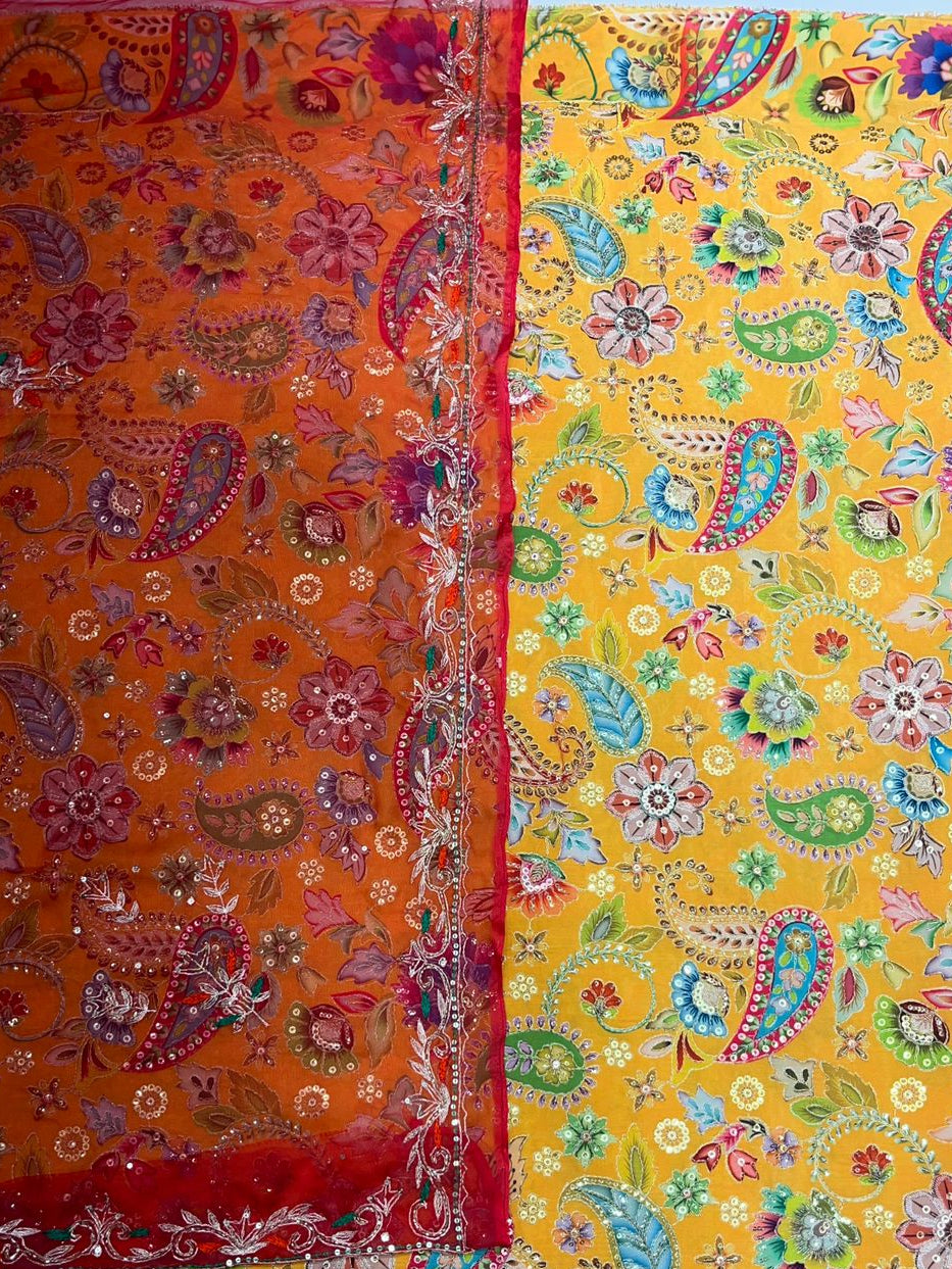 Two colorful fabric patterns, one orange and one yellow with floral and paisley designs.