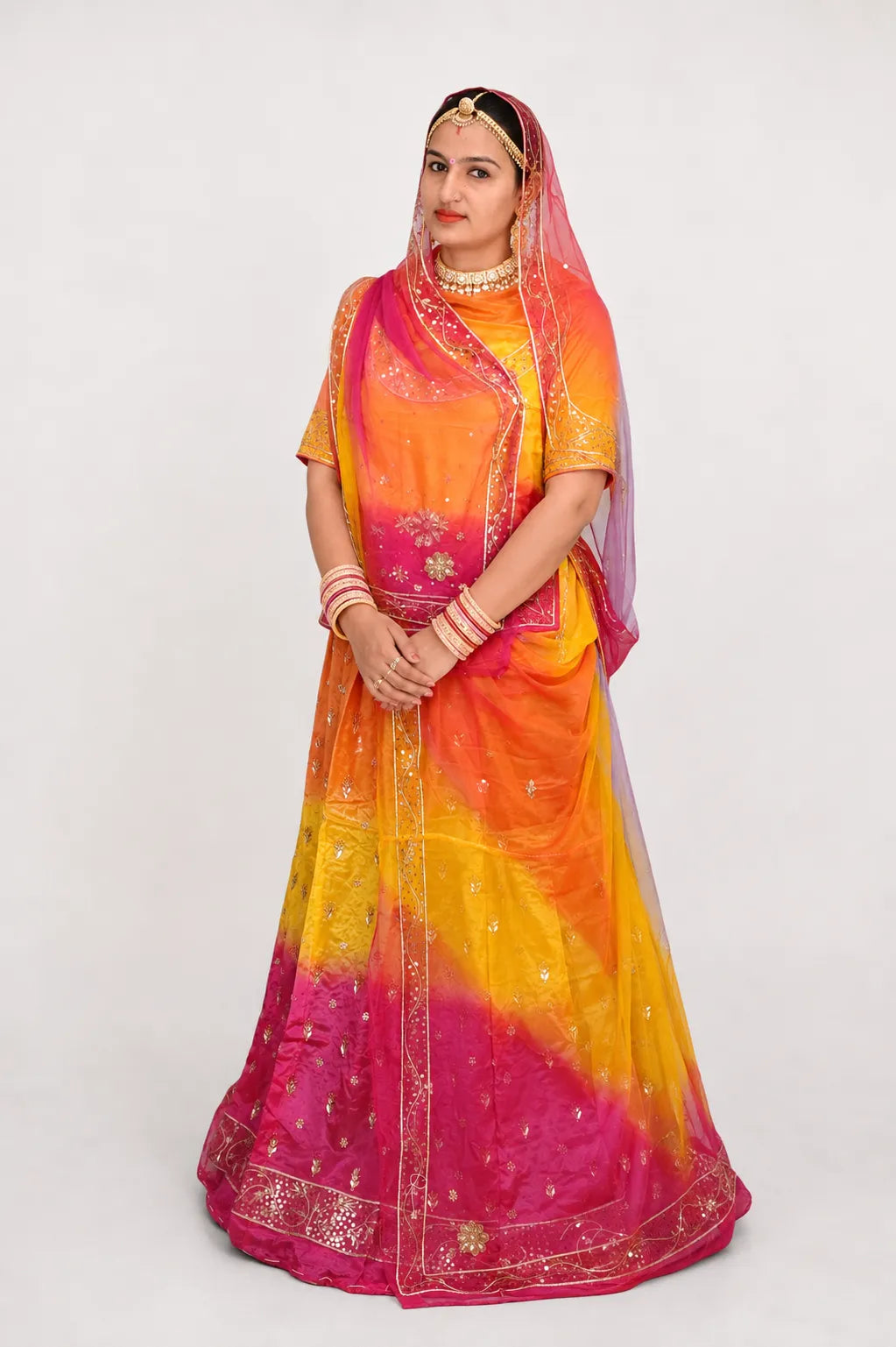 Rajputi Poshak – Ghevar Design Natural Crepe – Orange Yellow & Rani Pink with Thakhurji Odhni