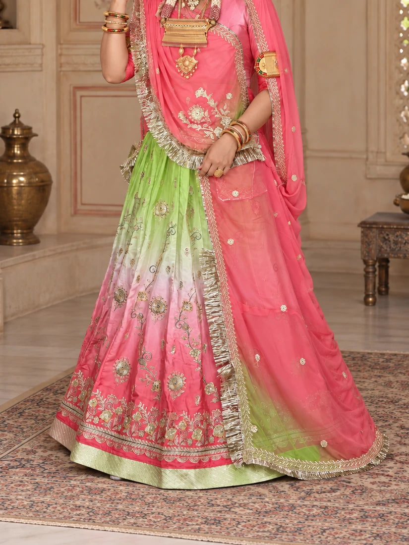 Green & Pink Ombre Rajputi Poshak in Crepe Fabric | Zardoji & Sequin Work Traditional Bridal Dress - lehenga and border detail