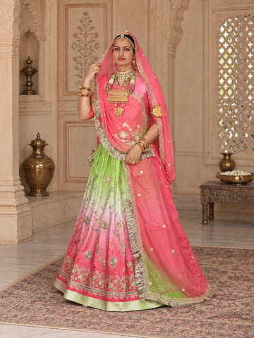 Green & Pink Ombre Rajputi Poshak in Crepe Fabric | Zardoji & Sequin Work Traditional Bridal Dress - model front view