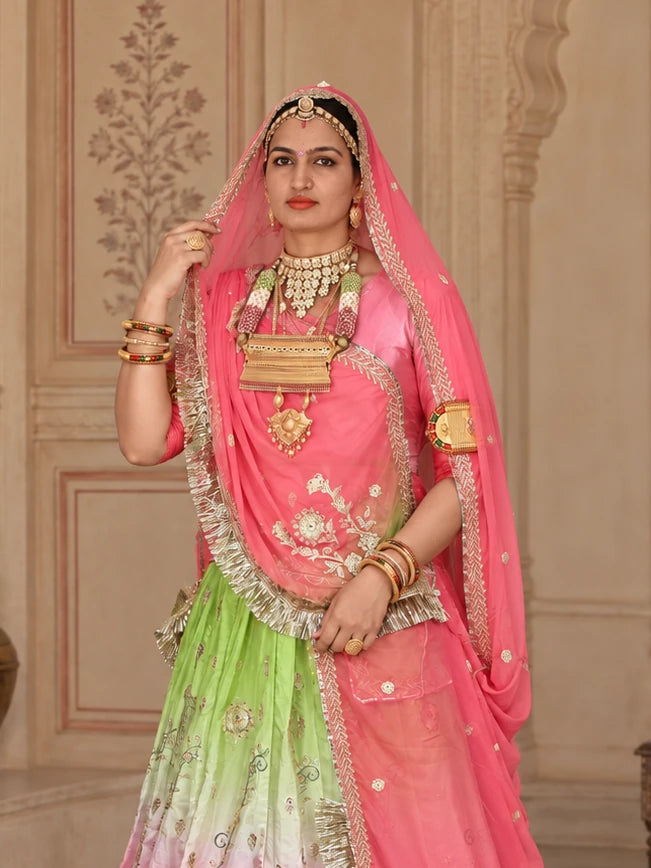 Green & Pink Ombre Rajputi Poshak in Crepe Fabric | Zardoji & Sequin Work Traditional Bridal Dress - blouse and odhni detail