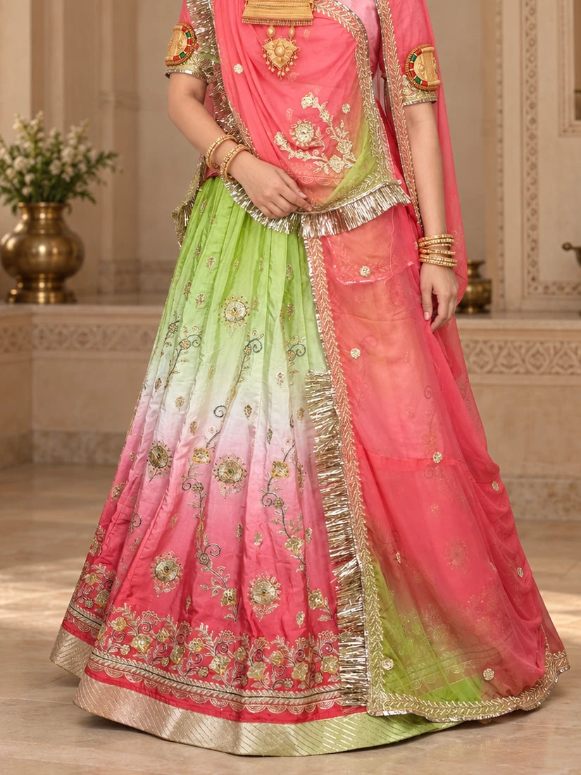 Green & Pink Ombre Rajputi Poshak in Crepe Fabric | Zardoji & Sequin Work Traditional Bridal Dress - lehenga and border detail