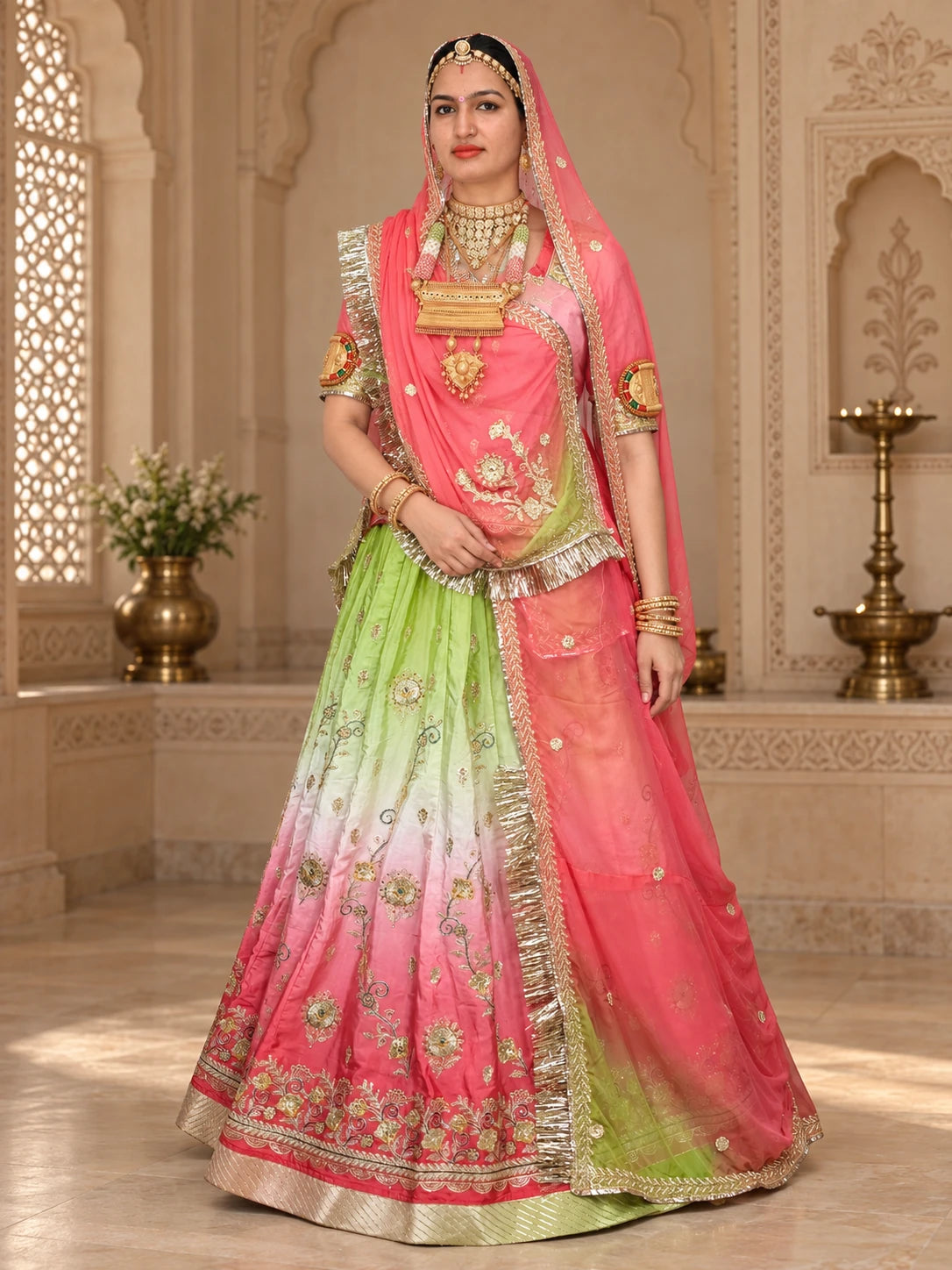 Green & Pink Ombre Rajputi Poshak in Crepe Fabric | Zardoji & Sequin Work Traditional Bridal Dress - model front view