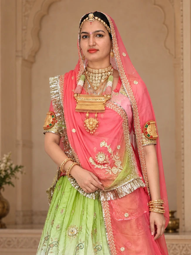 Green & Pink Ombre Rajputi Poshak in Crepe Fabric | Zardoji & Sequin Work Traditional Bridal Dress - blouse and odhni detail