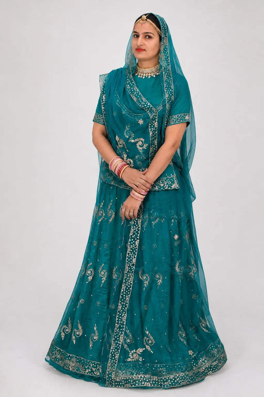 Peacock Teal Khuli Bunti Rajputi Poshak with Thakhurji Pure Odhni | Natural Crepe Fabric | Heavy Zardoji Work