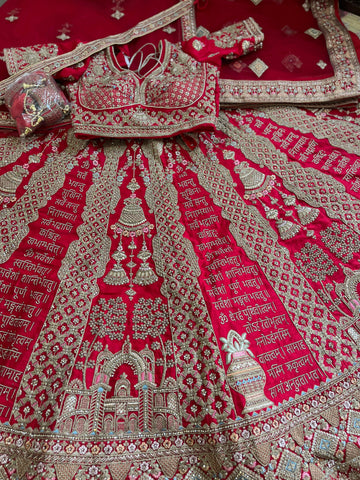 Red Silk Bridal Lehenga – Sanskrit Mantra Design | Zari + Stone Work