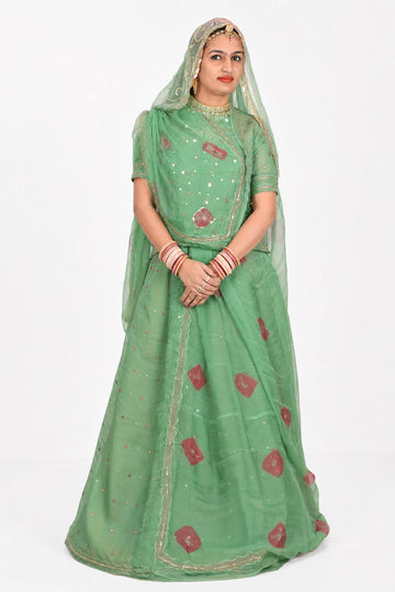 Lightgreen Mukesh Tari Rajputi Poshak with Pure Odhni | Traditional Rajasthani Rajputi Suit for Women