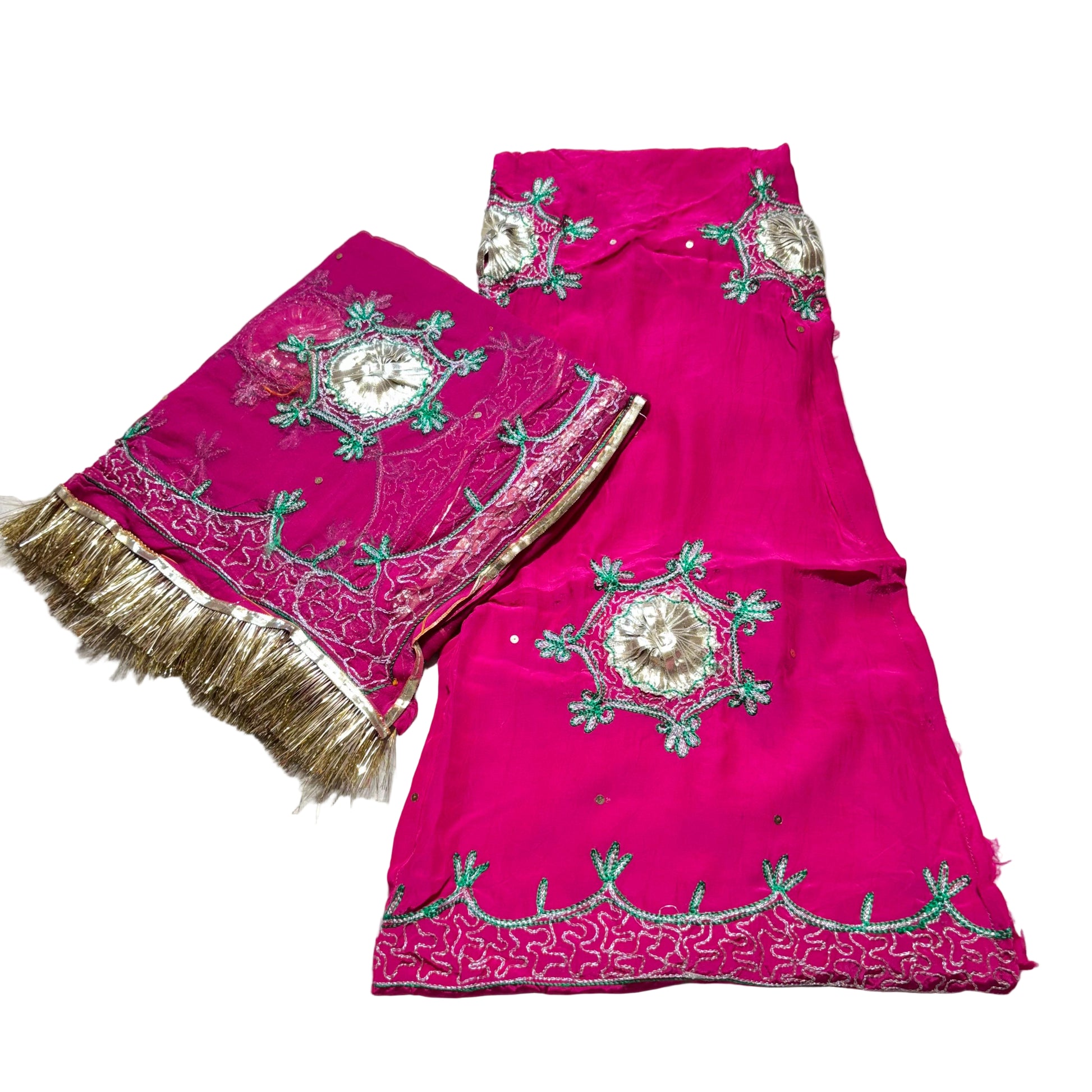 Pink embroidered traditional outfit with a matching dupatta on a light gray background
