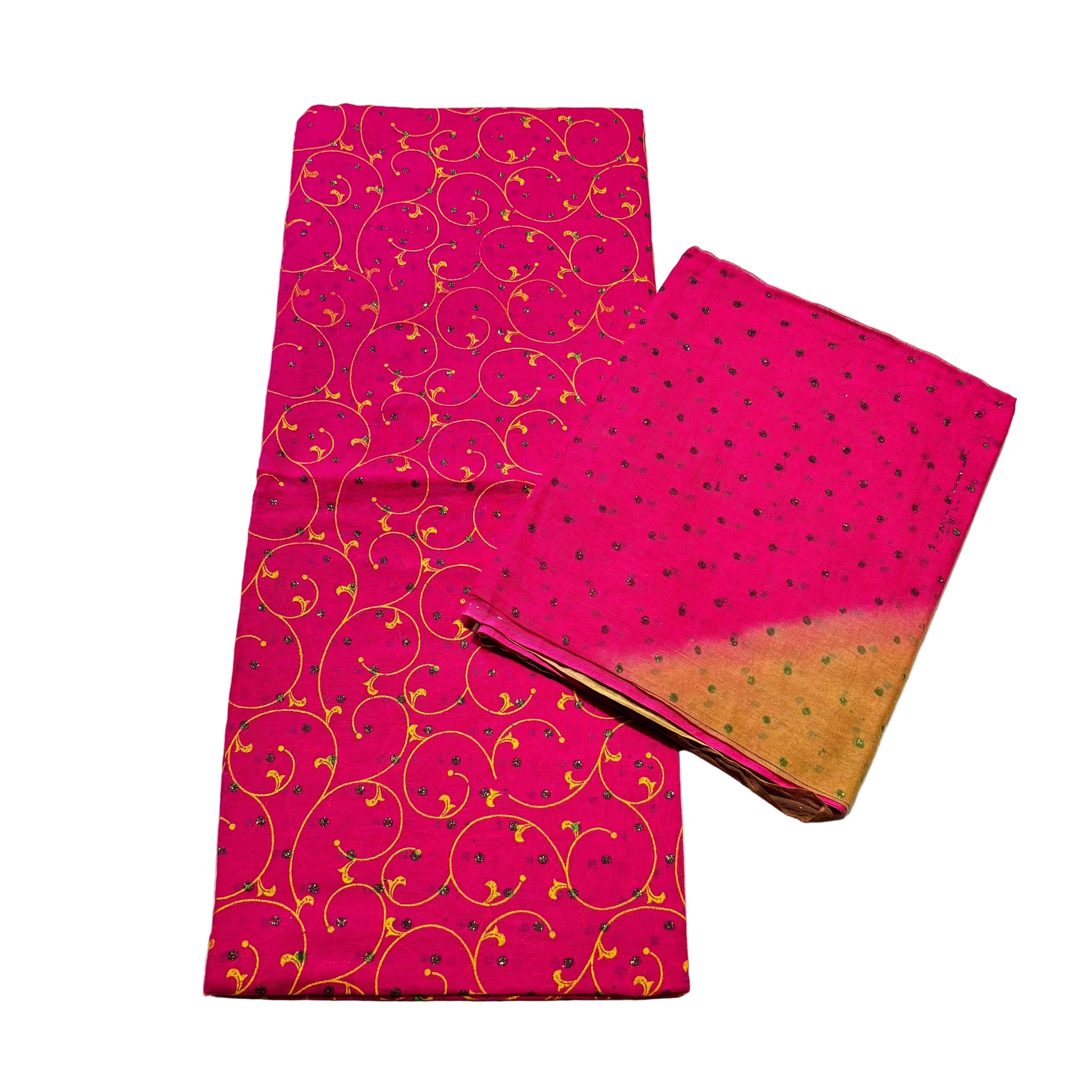 Two pink fabric swatches with different patterns on a light gray surface.