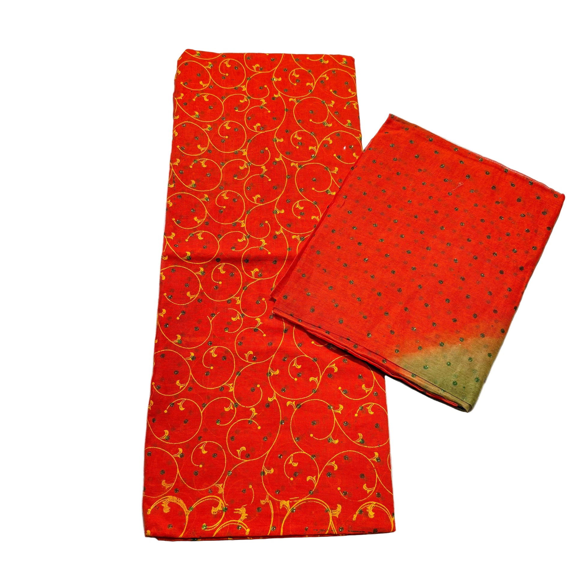 Two red fabrics with patterns on a white background