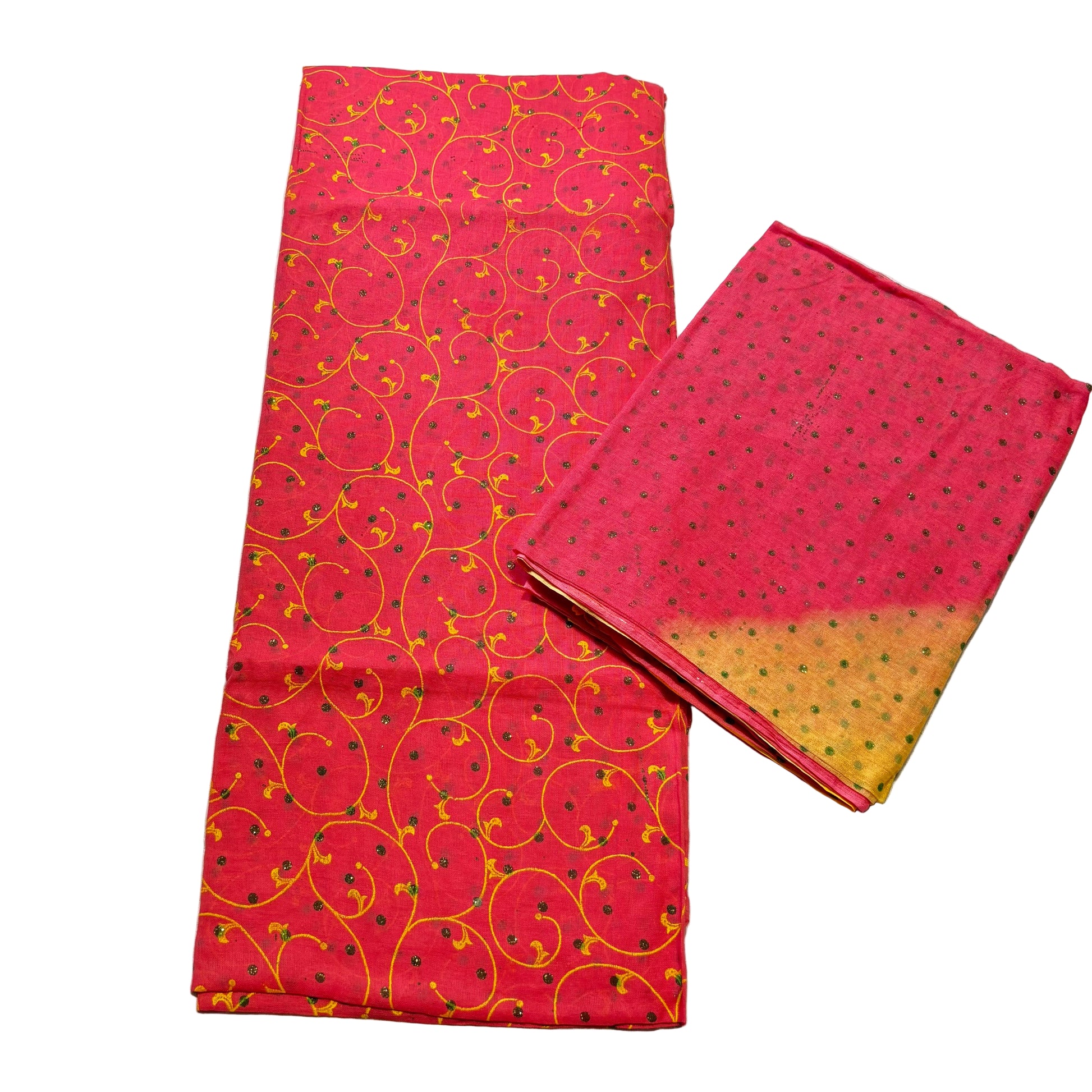 Two red fabrics with different patterns on a light gray surface