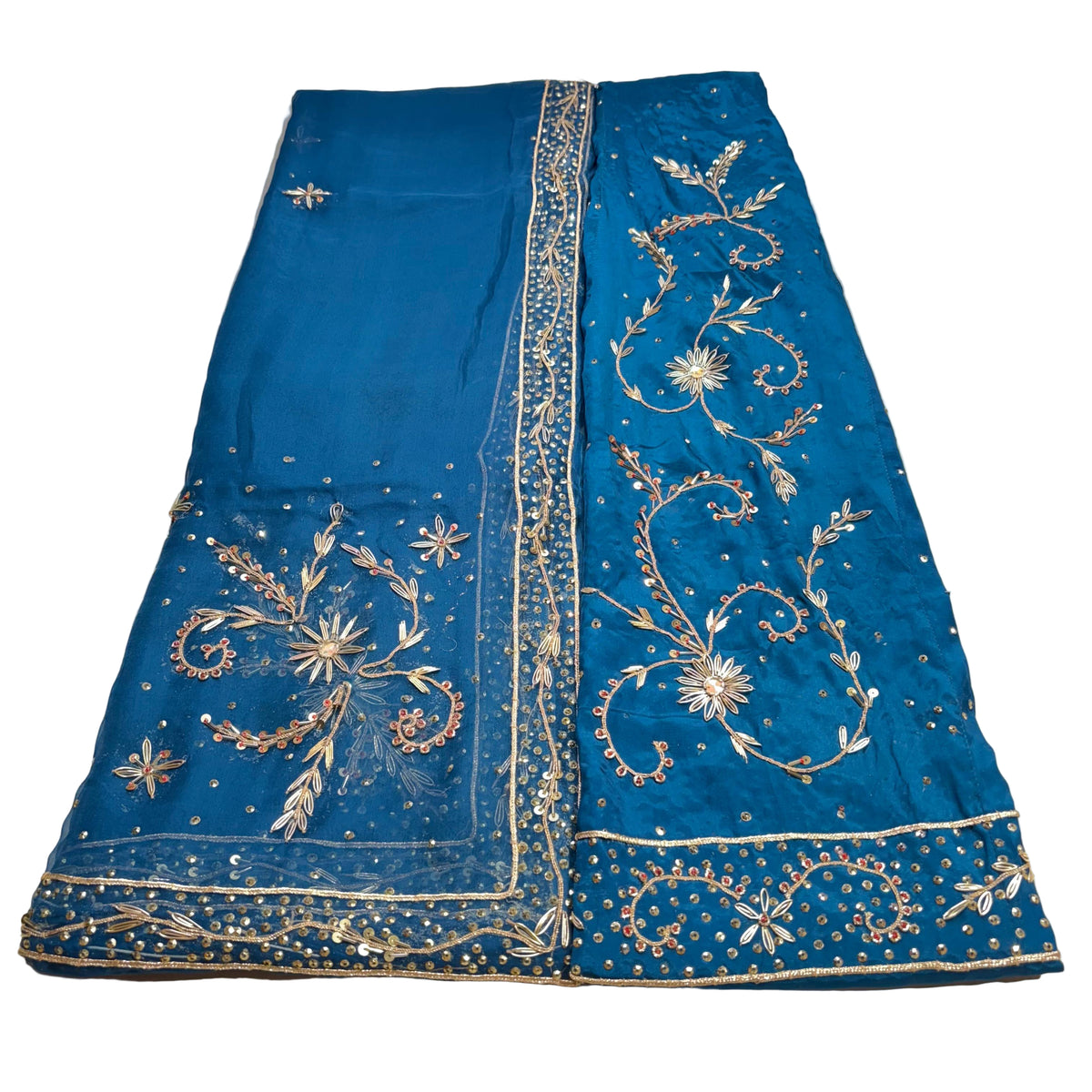 Rajputi Poshak – Zardozi Work Crepe – Teal, Mint & Flamingo with Pure Odhni – Ganga Rajputi Poshak, Bikaner