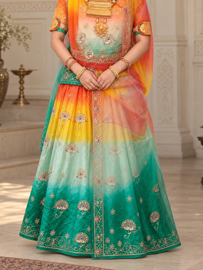 Rajputi Dress - Mor Pankh Pure Poshak With Thakhurji Pure Odhni - Orange, Yellow, Sea Green With Same Colour Odhni - lehenga and border detail