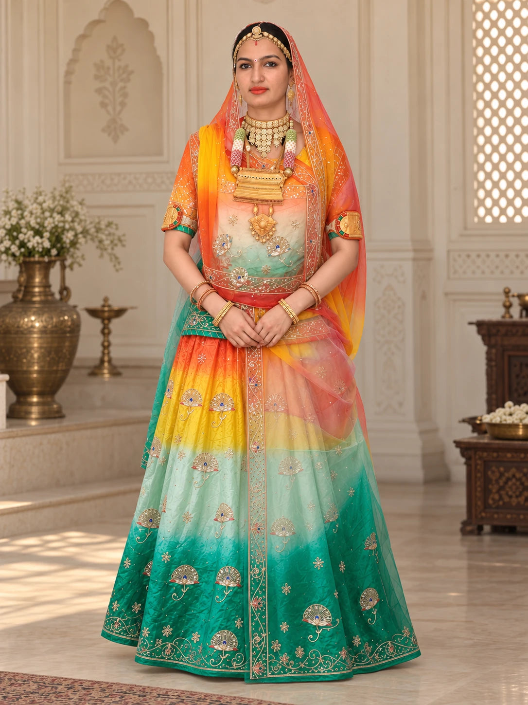 Rajputi Dress - Mor Pankh Pure Poshak With Thakhurji Pure Odhni - Orange, Yellow, Sea Green With Same Colour Odhni - model front view