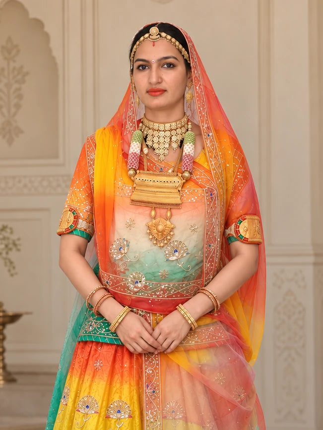 Rajputi Dress - Mor Pankh Pure Poshak With Thakhurji Pure Odhni - Orange, Yellow, Sea Green With Same Colour Odhni - blouse and odhni detail