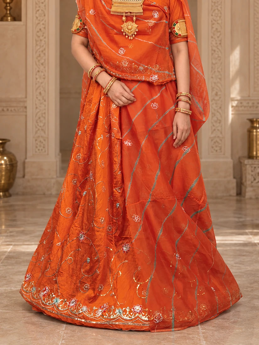 Rajputi Poshak - Cotton Suit With Humrahi Lehriya Odhni - Orange With Same Colour Humrahi Odhni - lehenga and border detail