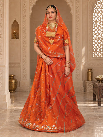 Rajputi Poshak - Cotton Suit With Humrahi Lehriya Odhni - Orange With Same Colour Humrahi Odhni - model front view