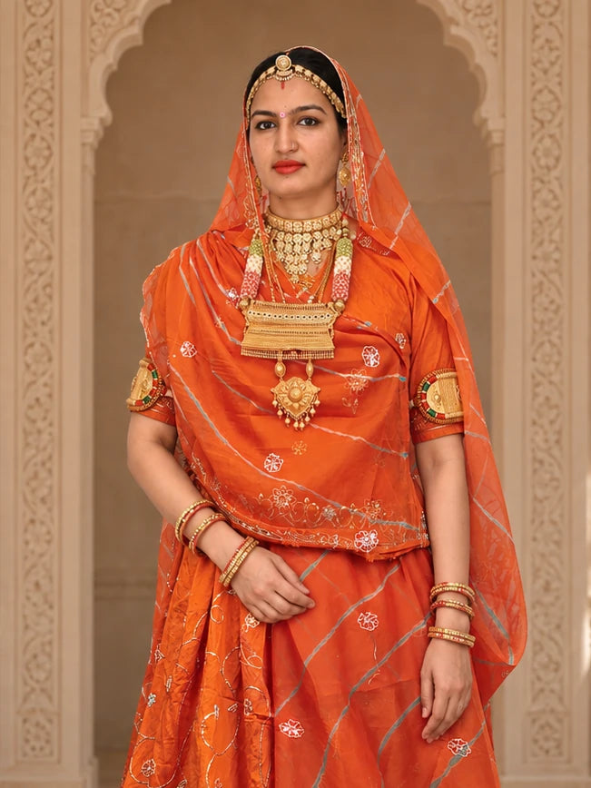 Rajputi Poshak - Cotton Suit With Humrahi Lehriya Odhni - Orange With Same Colour Humrahi Odhni - blouse and odhni detail