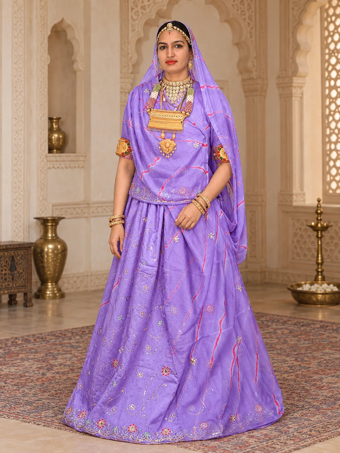 Rajputi Poshak- Cotton Suit With Humrahi Lehriya Odhni - Purple With Same Colour Humrahi Odhni - model front view
