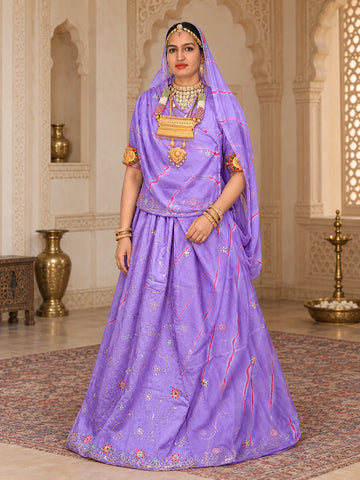 Rajputi Poshak- Cotton Suit With Humrahi Lehriya Odhni - Purple With Same Colour Humrahi Odhni - model front view