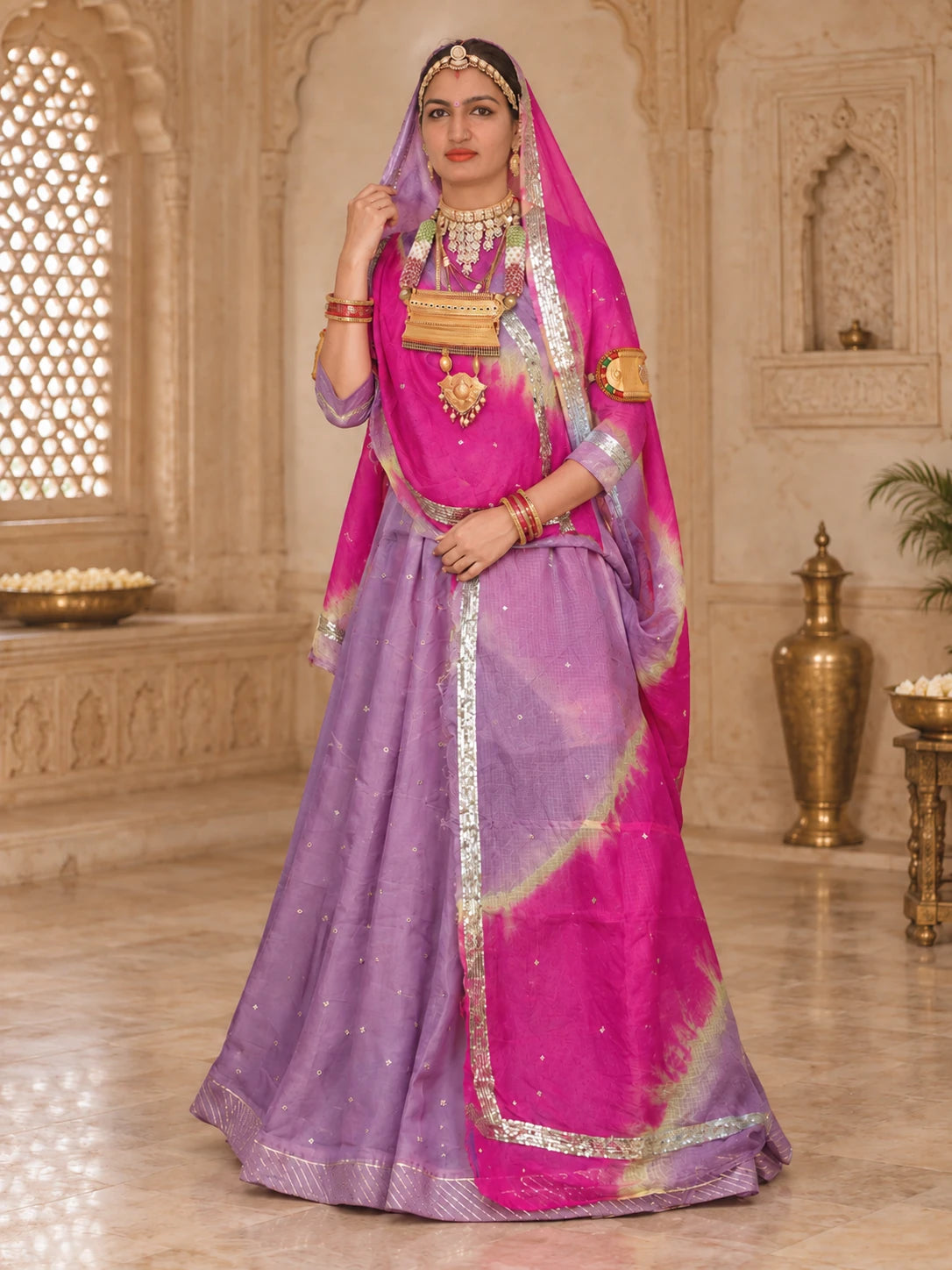 Rajputi Poshak - Mukesh Taari Tissue Pure - Purple With Double Colour Doria Odhni - model front view