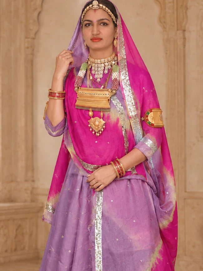 Rajputi Poshak - Mukesh Taari Tissue Pure - Purple With Double Colour Doria Odhni - model front view