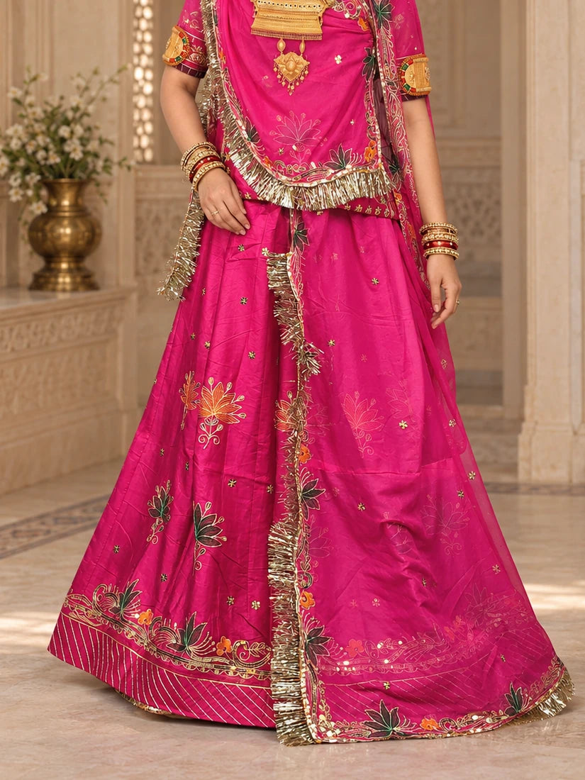 Rajputi Poshak - Small Butti Zardoji & Sequin Crepe - Rani Pink - lehenga and border detail