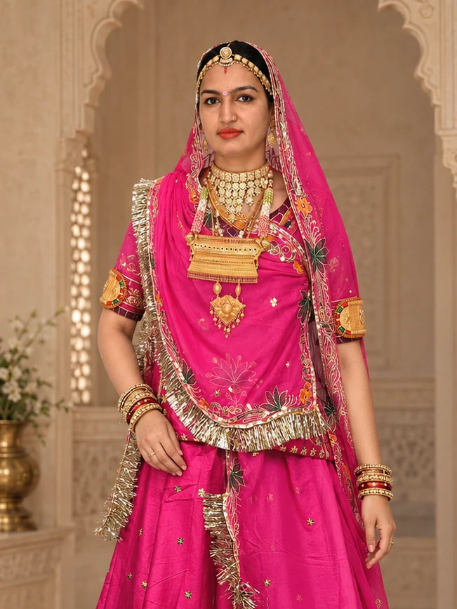 Rajputi Poshak - Small Butti Zardoji & Sequin Crepe - Rani Pink - blouse and odhni detail