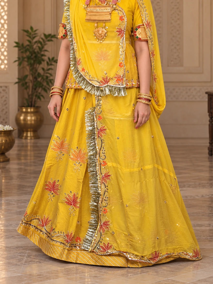 Rajputi Poshak – Small Butti Zardozi & Sequin Crepe – Mustard Yellow - lehenga and border detail