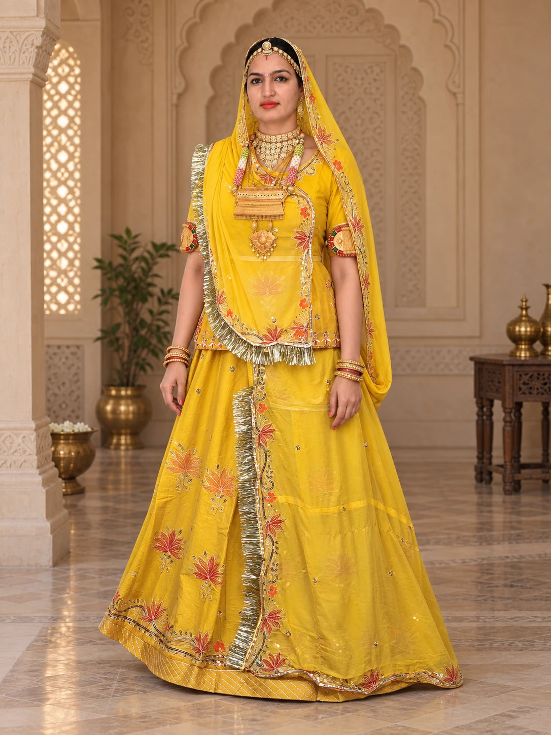 Rajputi Poshak – Small Butti Zardozi & Sequin Crepe – Mustard Yellow - model front view