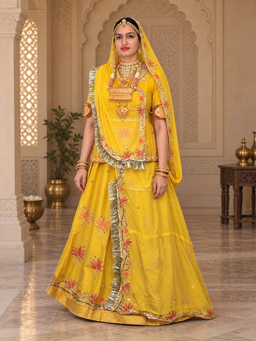 Rajputi Poshak – Small Butti Zardozi & Sequin Crepe – Mustard Yellow - model front view