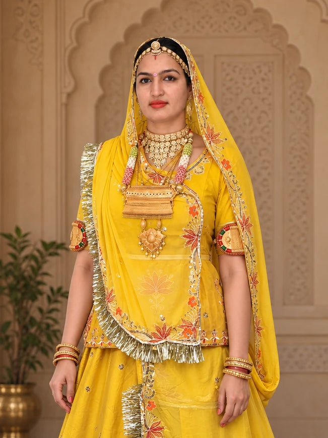 Rajputi Poshak – Small Butti Zardozi & Sequin Crepe – Mustard Yellow - blouse and odhni detail