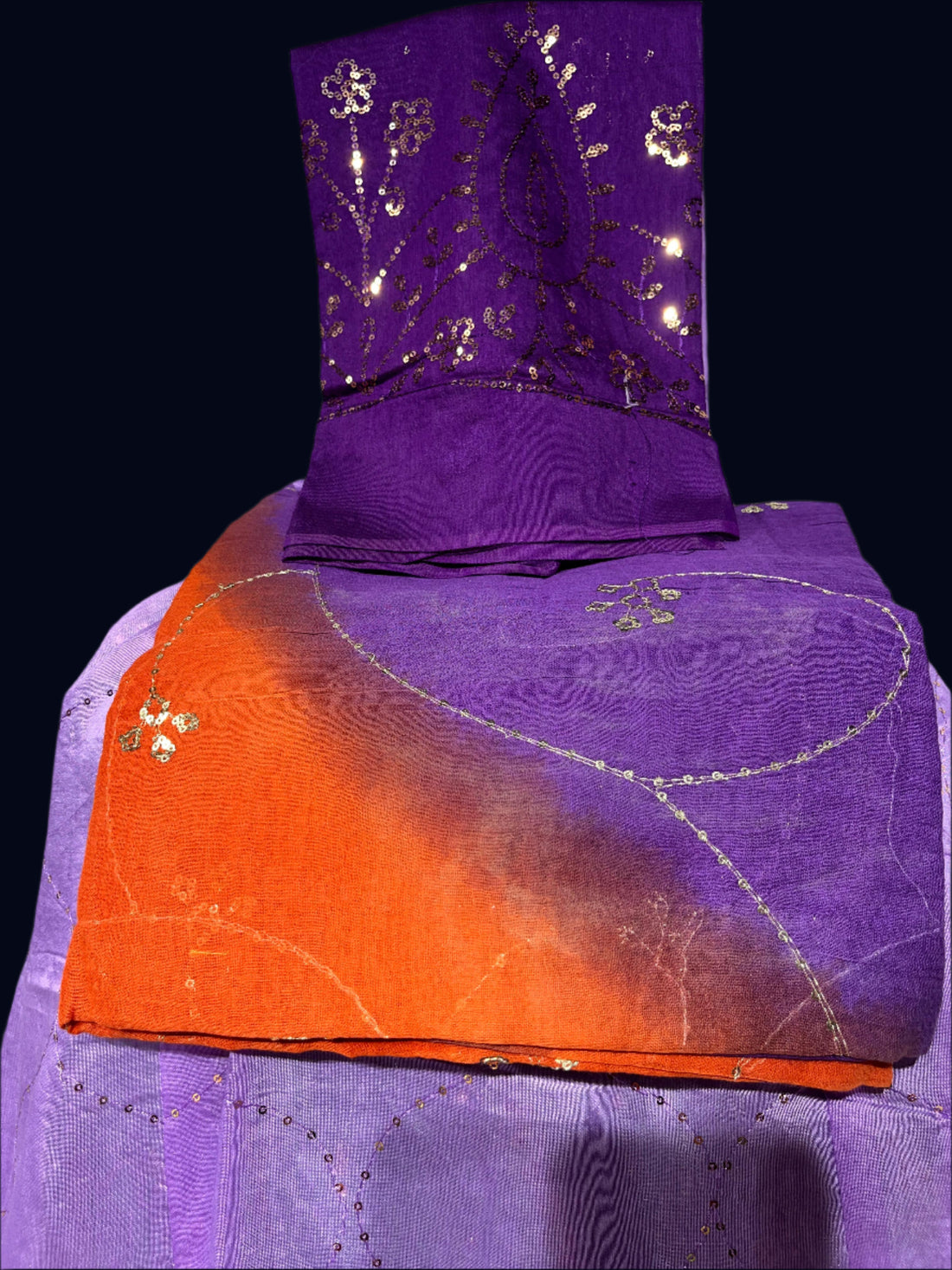 Purple Cotton Rajputi Dress with Thread and Tara Work – Multicolor Odhani
