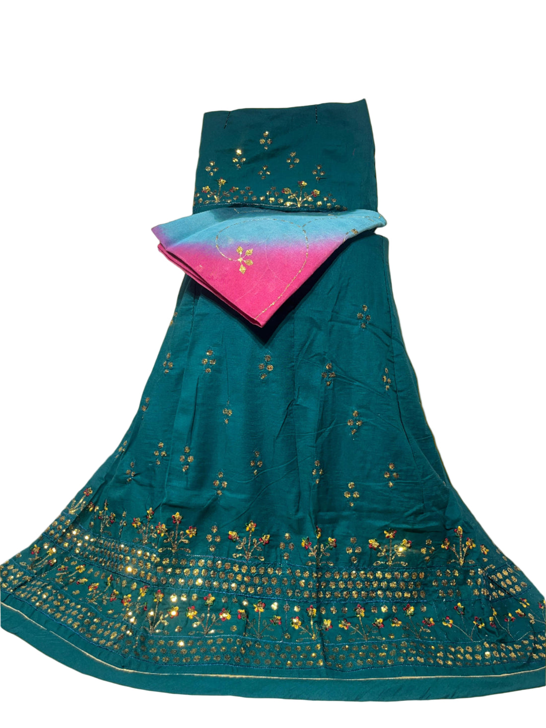 Teal embroidered fabric with gold patterns