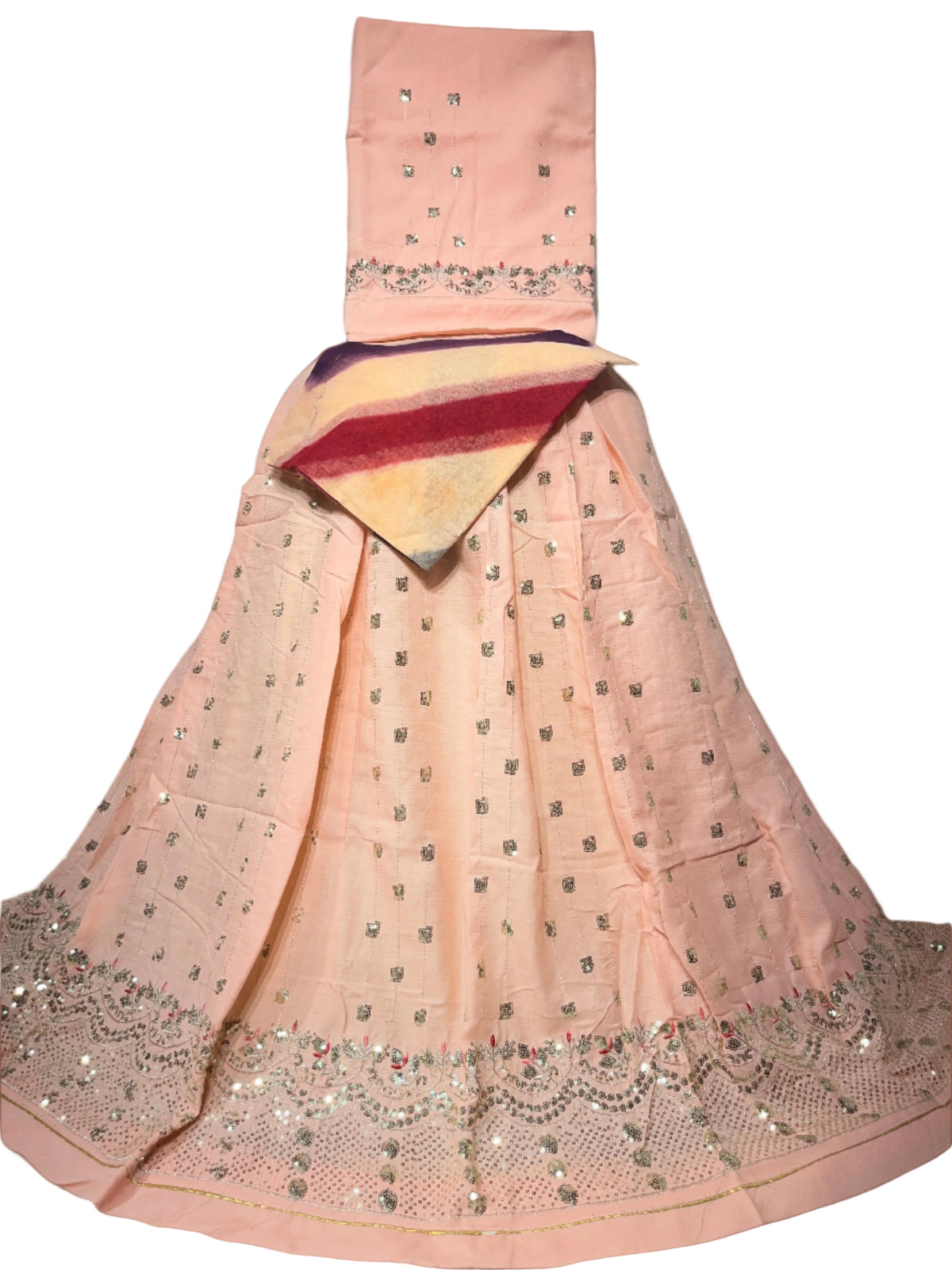 Peach Pink Cotton Rajputi Poshak with Tara and Floral Embroidery – Multicolor Odhani
