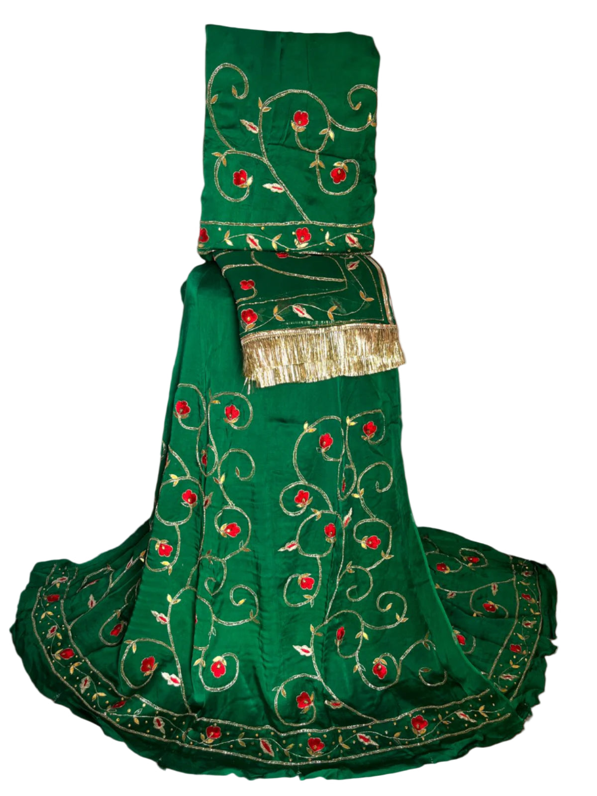 Green Rajputi Poshak with Gota Patti and Red Floral Work – Traditional Unstitched Set
