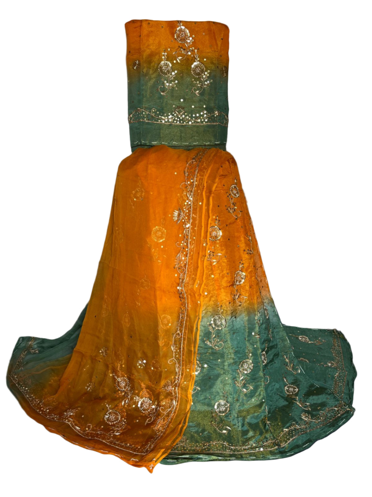 Green and orange traditional outfit with embroidery