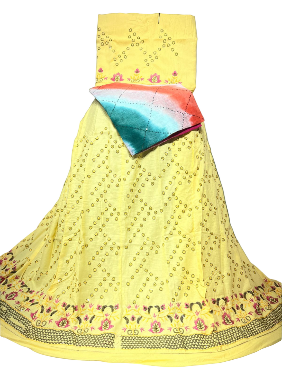 Daily Wear Golden Yellow Cotton Rajputi Poshak with Thread and Tara Work – Multicolor Dupatta
